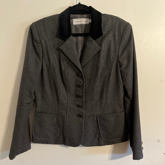 Howard Wolf Jacket Women 12 Gray Wool Blazer 90s Retro Striped Academia Office - Picture 4 of 14